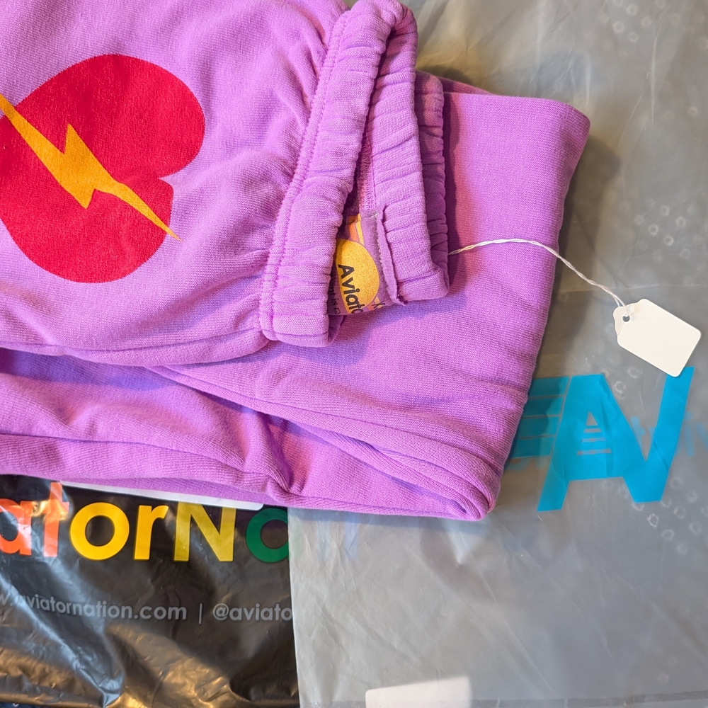 Aviator Nation Purple Sweatpants, Unisex. Heart + Lighting Bolt, XS